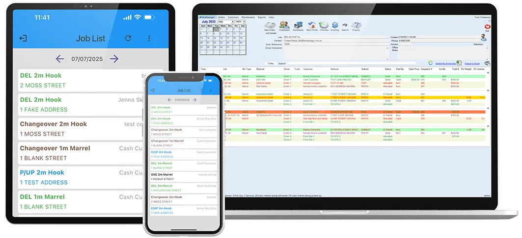BinManager’s cloud-based, mobile-responsive software shown across desktop, tablet, and mobile devices for complete waste and skip bin management.